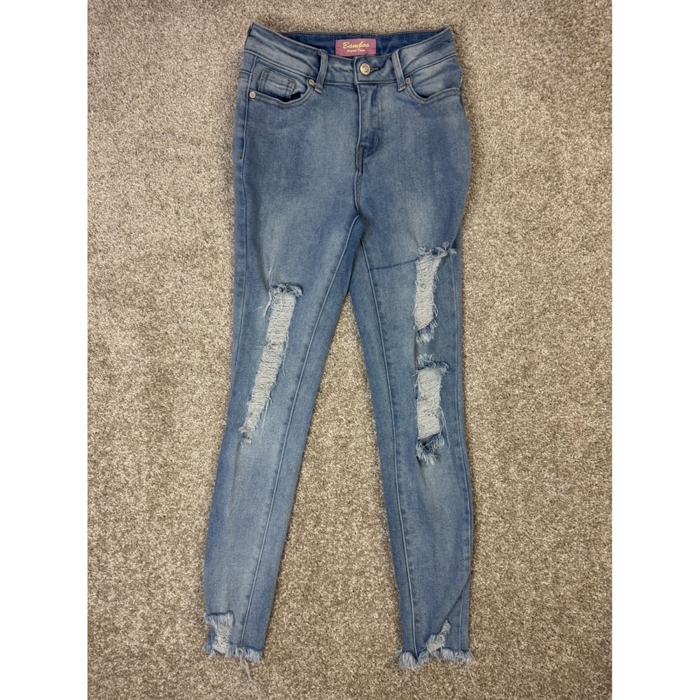 Bamboo Original Denim Distressed Skinny Jeans Light Wash Raw Hem Size 1
